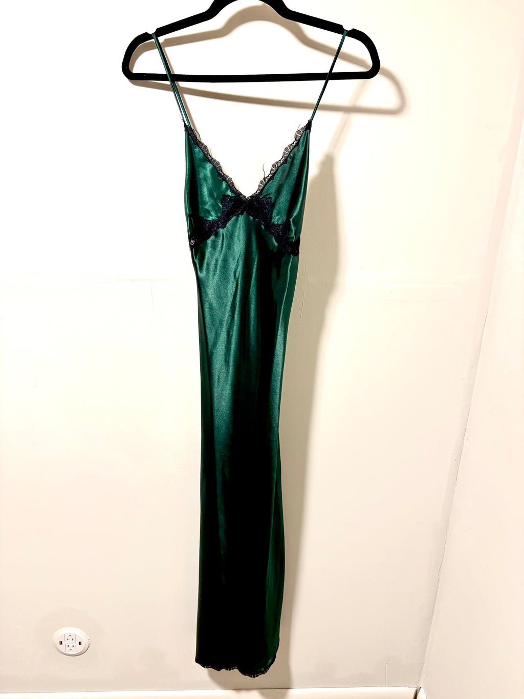 Green Satin Slip Dress with Black Lace Trim