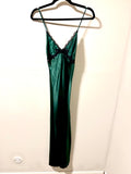 Green Satin Slip Dress with Black Lace Trim