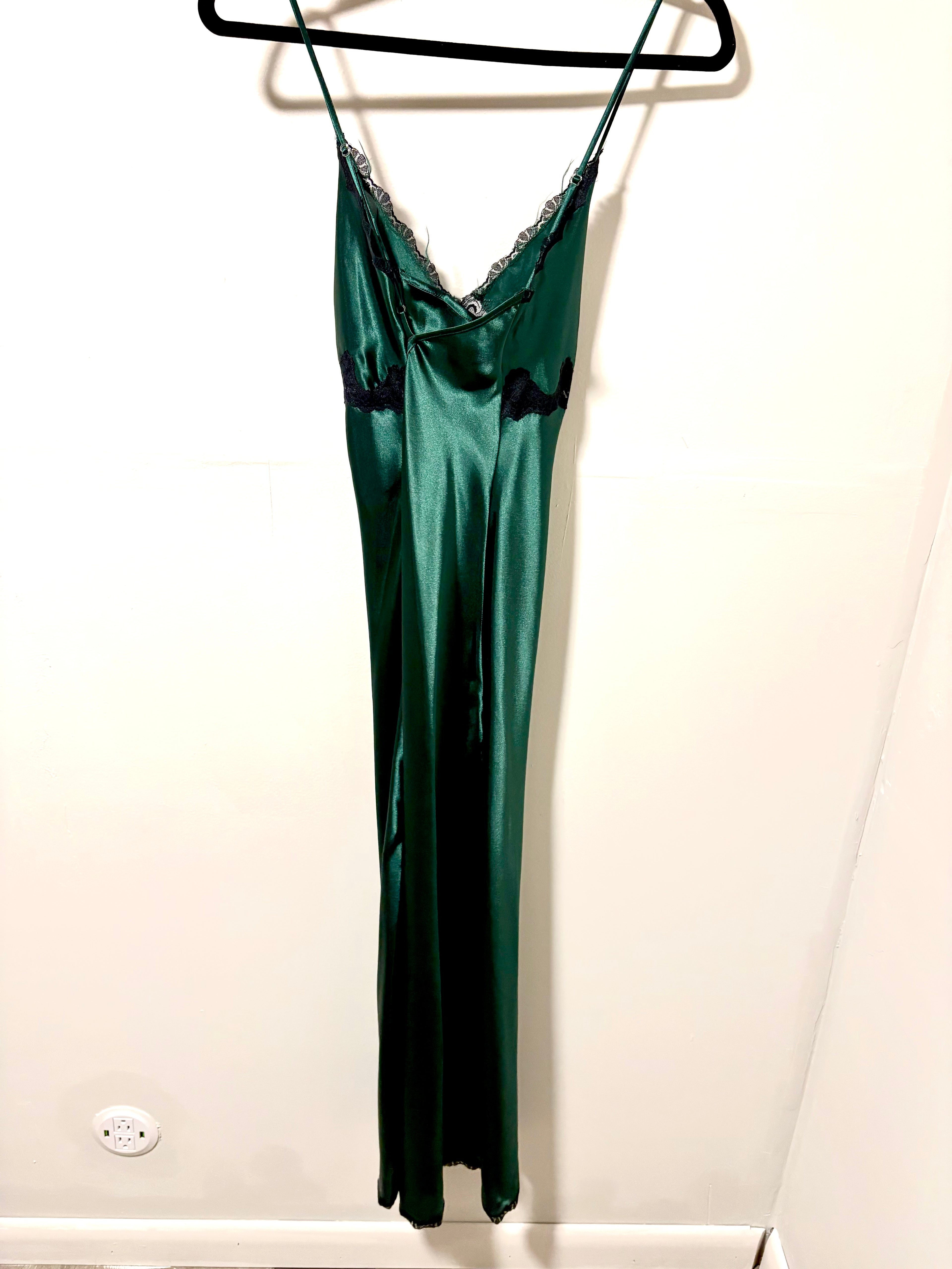 Green Satin Slip Dress with Black Lace Trim