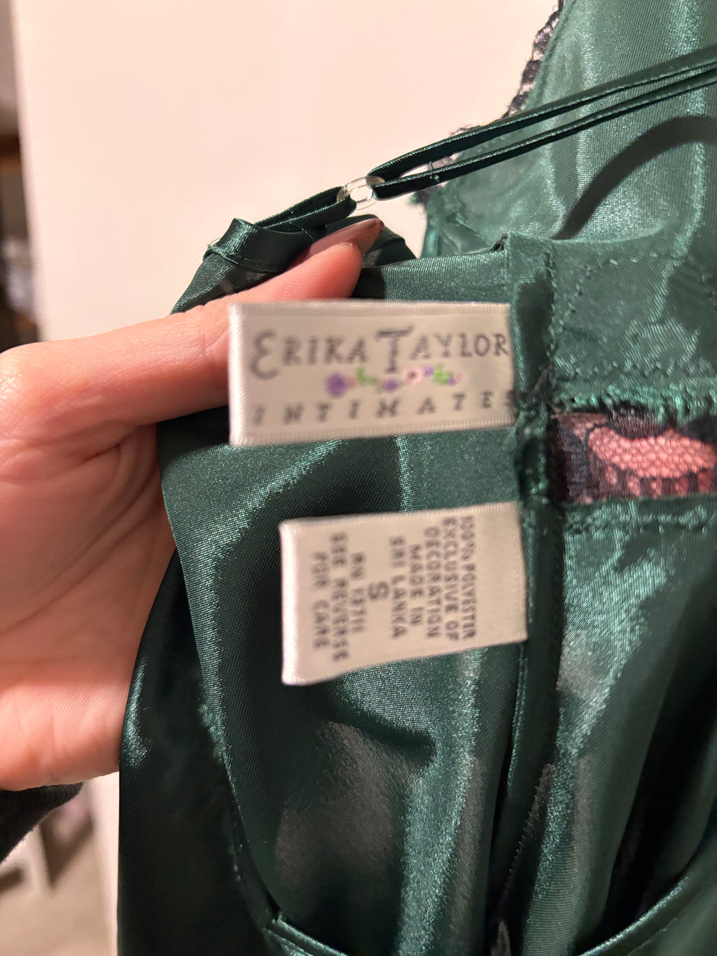 Green Satin Slip Dress with Black Lace Trim