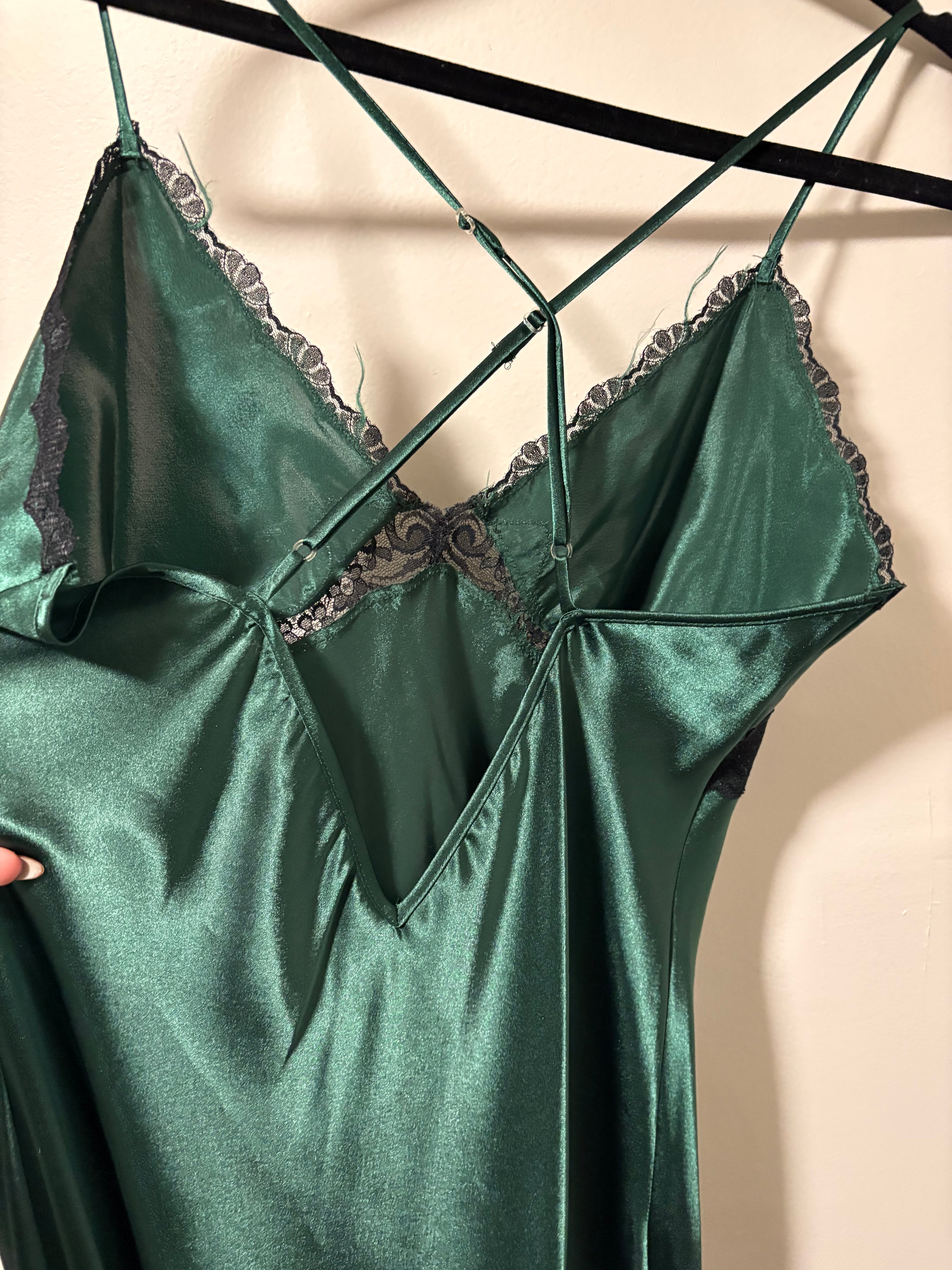 Green Satin Slip Dress with Black Lace Trim